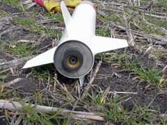 PML Patriot rocket after landing fin in the dirt